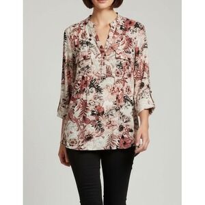 Cocomo Woman Floral Tunic Blouse 2X Pink Black Roll Tab Sleeve Henley Top